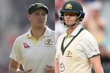 Split picture of two Australian Test cricketers, one standing with his baggy green on, the other batting with a helmet.