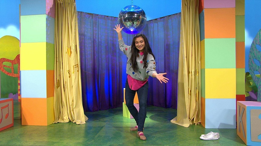 Michelle dancing on the Play School Song Time set