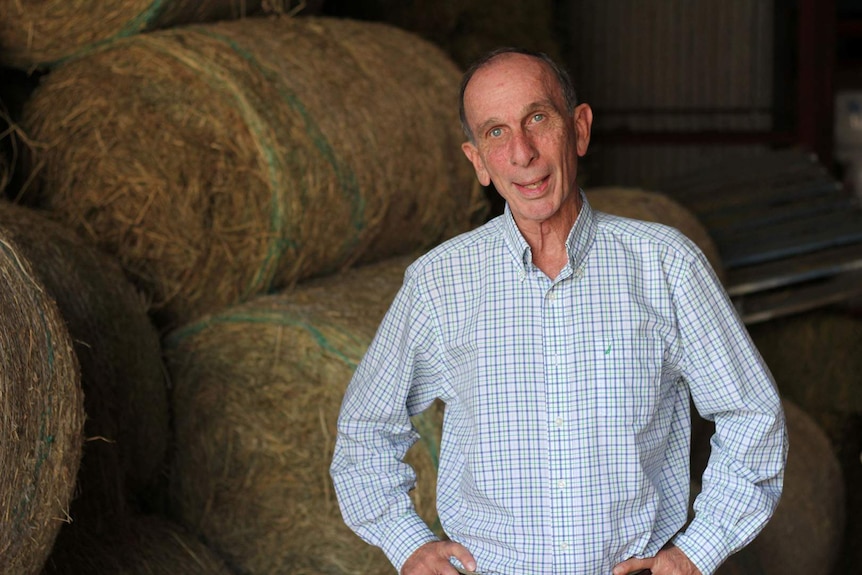 A man in a checked shirt stands in front of hay bales in a shed