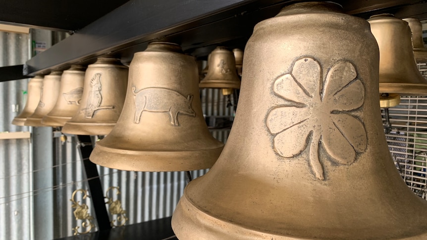 A line of gold bells with designs including four leaf clover, pig and cockatoo on them