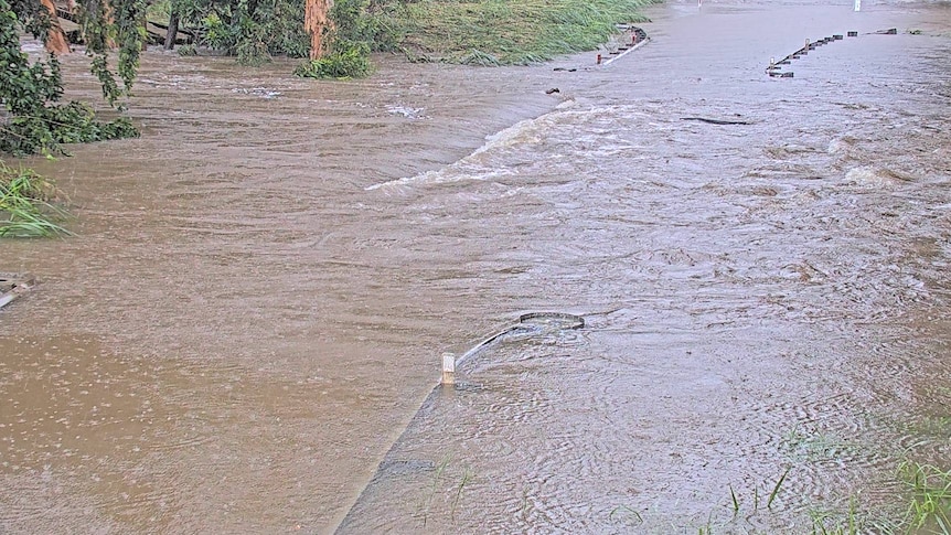 Brown water floods bridge above creek. Only the tops of the safety barriers beside the road are visible