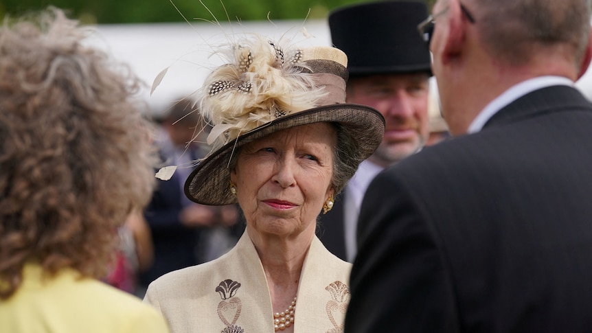 An image of an older lady frowning, she wears a fascinator and looks to be talking to people.