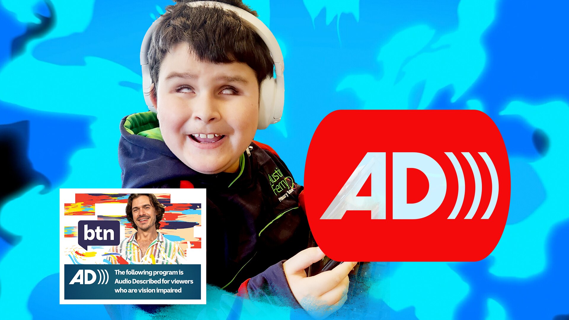 Reece smiles cheekily to camera next to an AD symbol and BTN thumbnail advising the show is audio described.