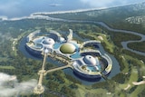 Artists impression of looking down on a giant resort surrounded by water and greenery. 