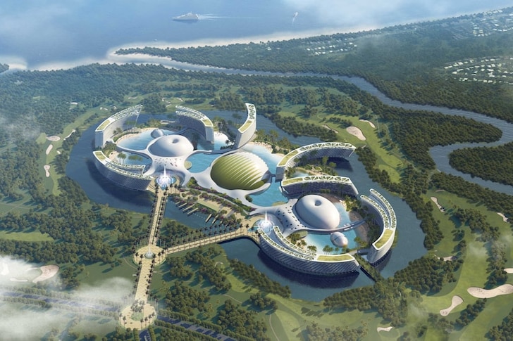 Artists impression of looking down on a giant resort