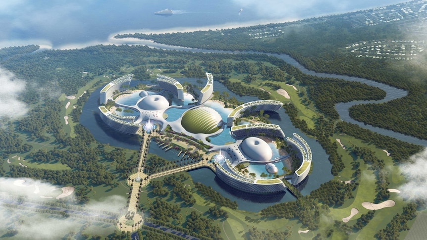 Artists impression of looking down on a giant resort surrounded by water and greenery. 