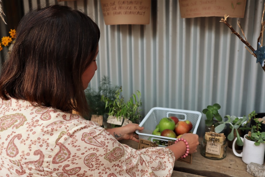 Woman setting up basket of apples at farm stall.