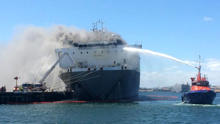 Livestock ship the Ocean Drover berthed in Fremantle WA on fire 9 October 2014