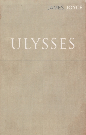 The book cover of Ulysses by James Joyce featuring the book's name and author in white letters on a canvas background