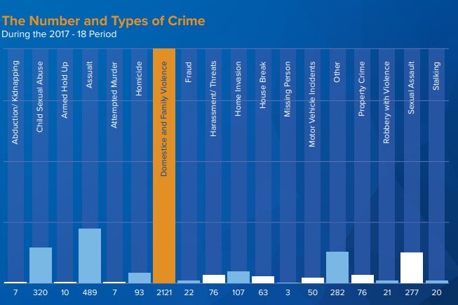 A graph showing domestic and family violence as the most frequent type of crime in 2017-2018