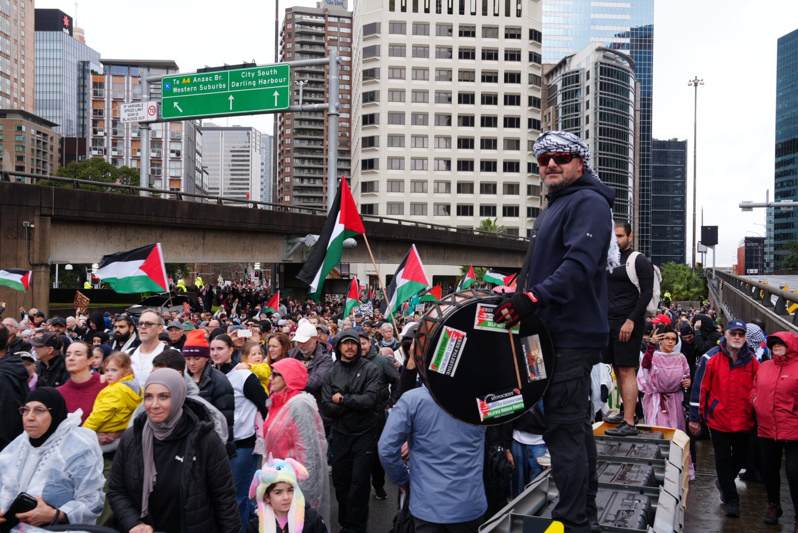 Pro-Palestinian protesters cross Sydney Harbour Bridge with flags, signs and umbrellas