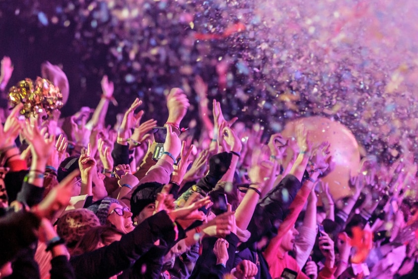 The crowd being showered in confetti at Tame Impala's Friday headlining set at Splendour In The Grass, 19 July 2019