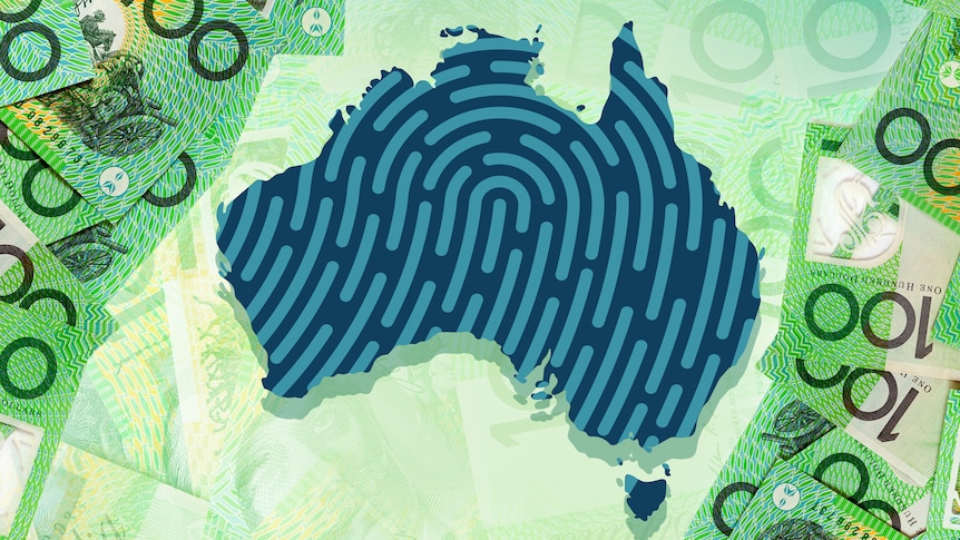 A map of Australia with a fingerprint on a background of $100 bills