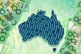 A map of Australia with a fingerprint on a background of $100 bills