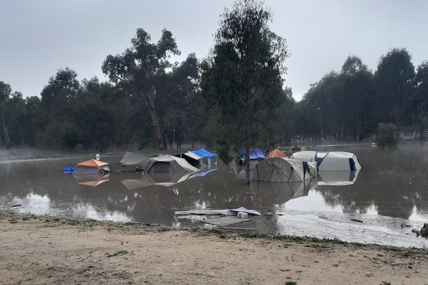 A campground covered in water with tents.