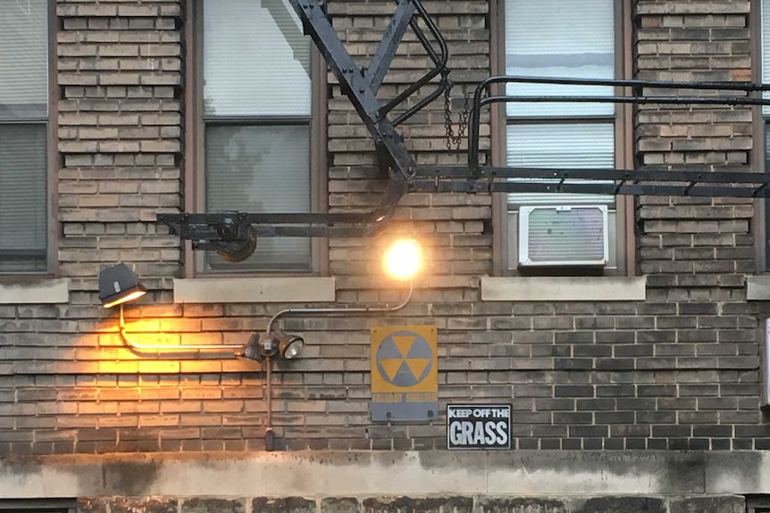 Fallout shelter sign on the outside of a US building