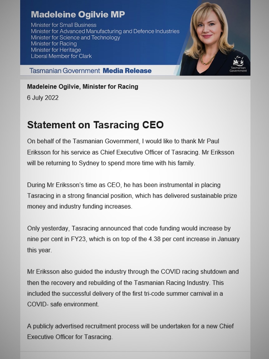 Madeleine Ogilvie statement on TasRacing CEO.