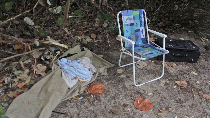 A homeless camp in the Bilinga Beach sand dunes on the Gold Coast