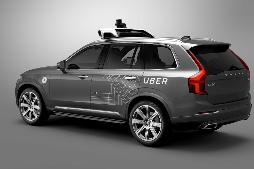 The exterior of an Uber-branded, self-driving Volvo.