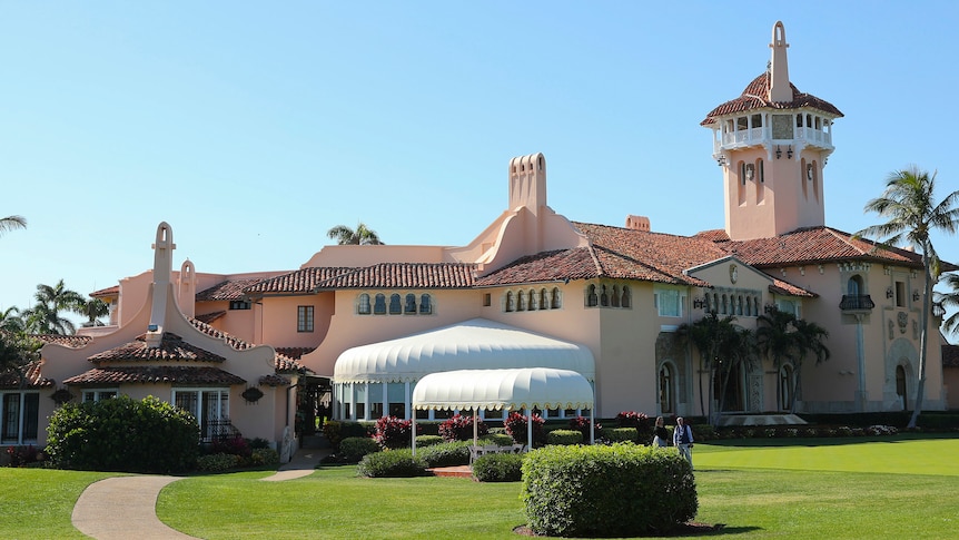 A pinkish Mediterranean-style villa sits on a manicured green lawn surrounded by palm trees under a bright blue sky.