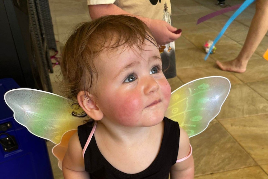Little girl looks up and smiles wearing rainbow fairy wings. 