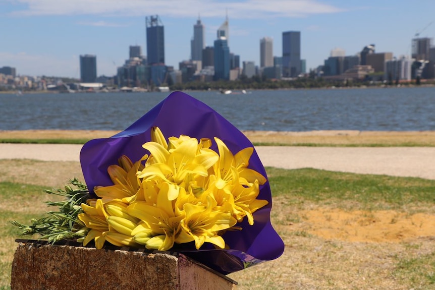 A bunch of yellow flowers on the grass next to the Swan River, with the Perth city skyline in the background.