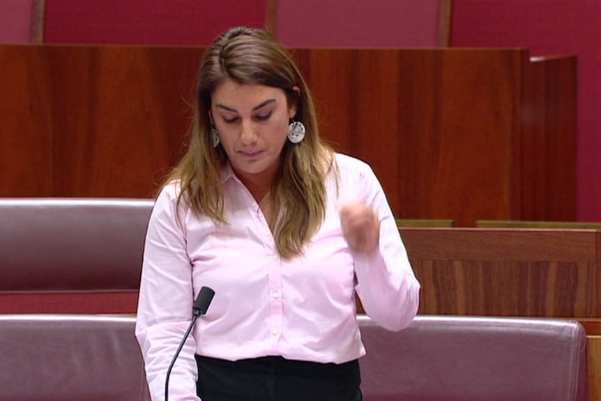 Senator Lydia Thorpe delivering a speech in Parliament.