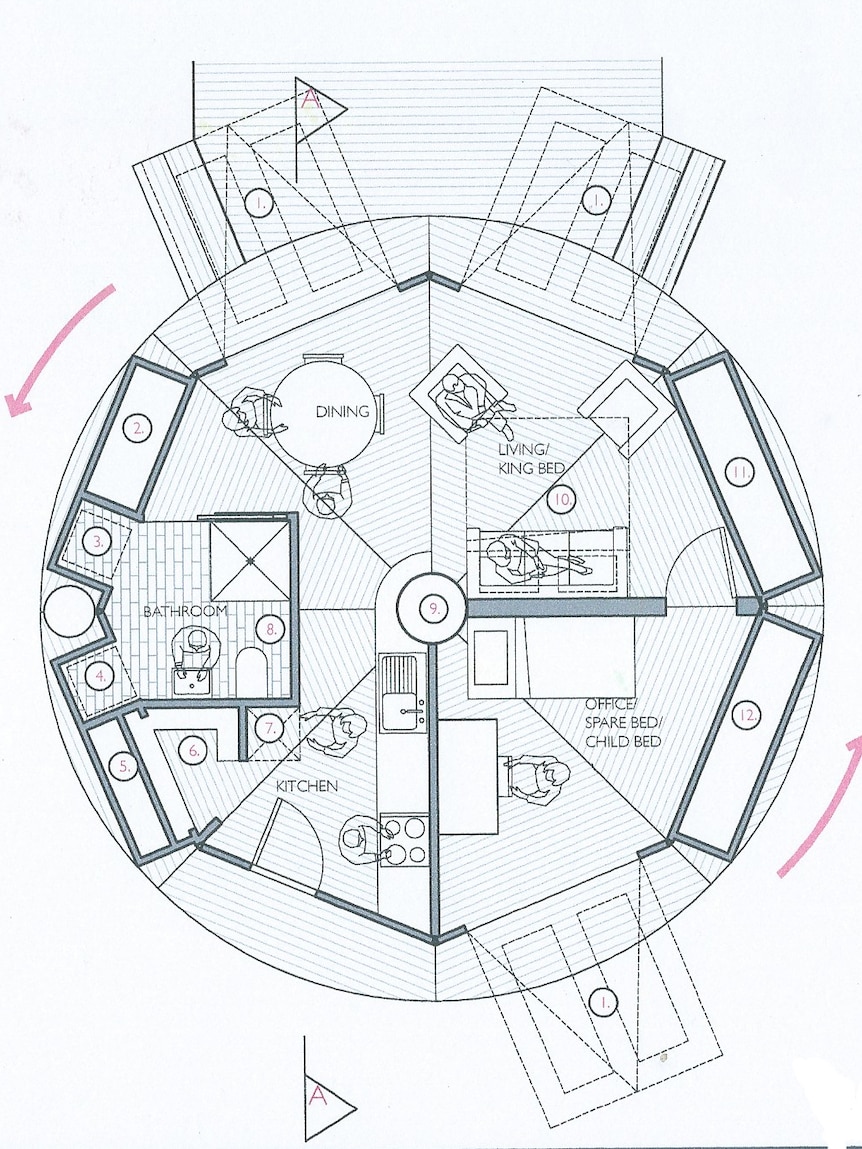 Floor plan of the rotating house designed by Joe Harvey-Jones