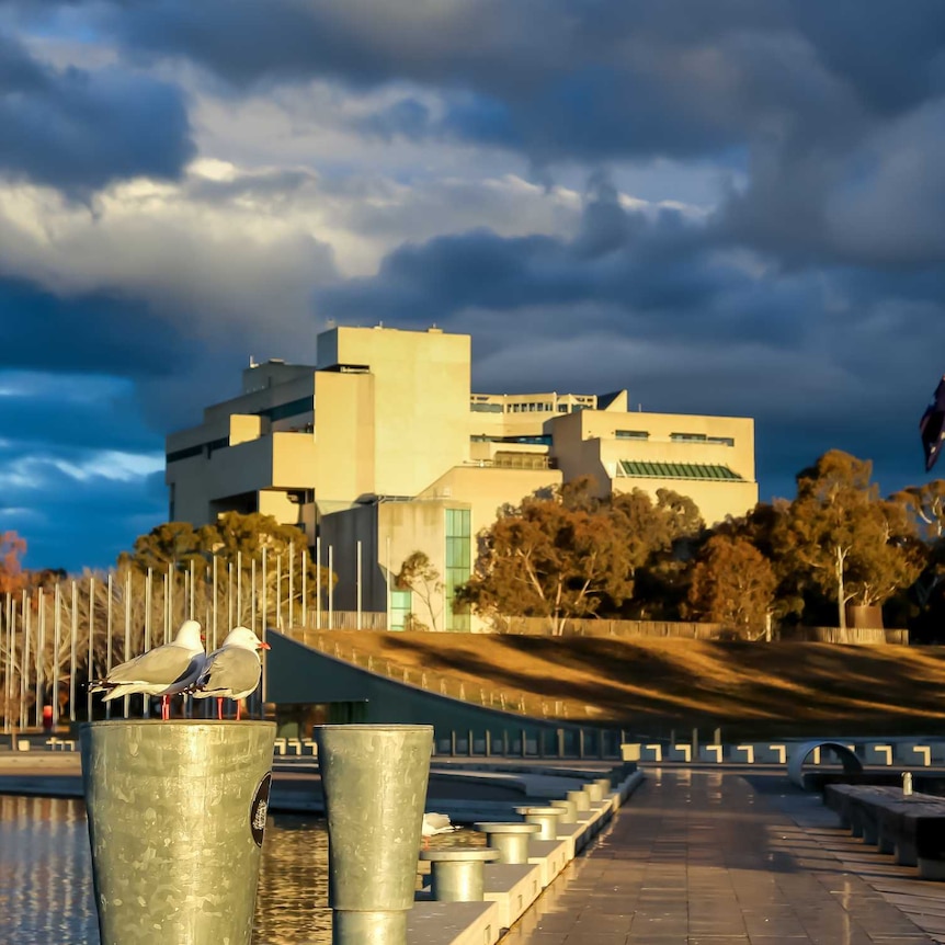 The High Court on the shores of Lake Burley Griffin. There are dark clouds over the building, and a seagull in the foreground.