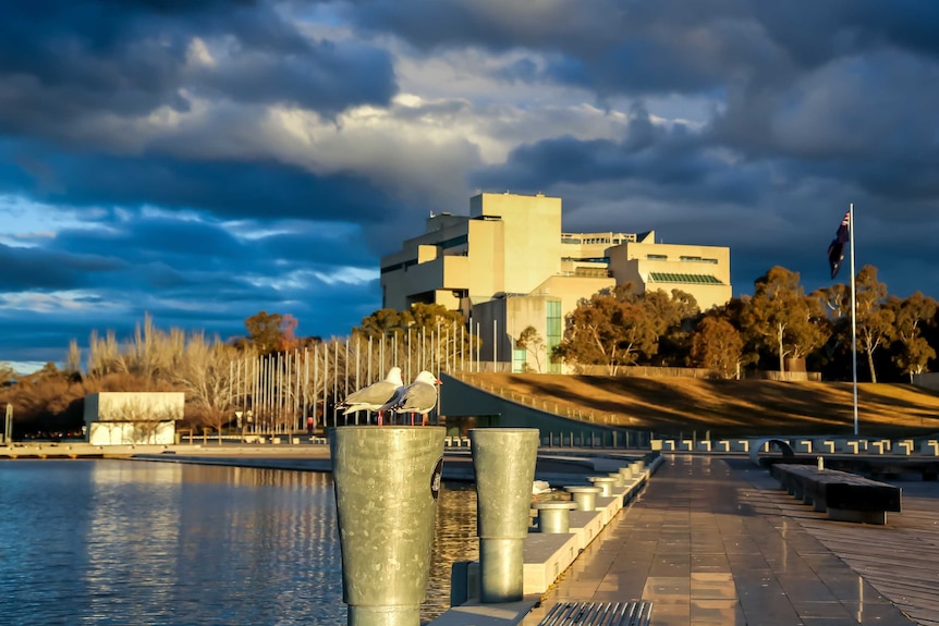 The High Court on the shores of Lake Burley Griffin. There are dark clouds over the building, and a seagull in the foreground.