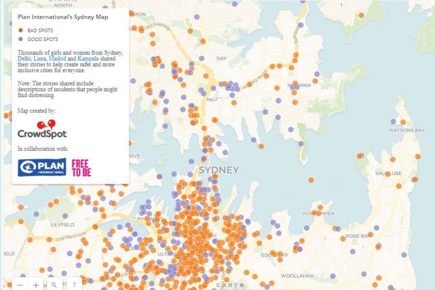 Plan International's map of inner Sydney showing safe and unsafe spots