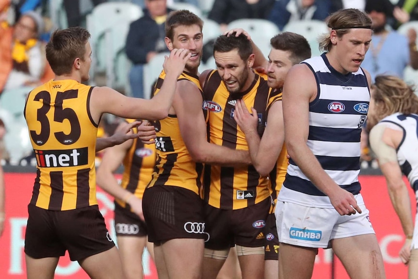 Jack Gunston is surrounded by team mates after scoring a goal for the Hawks against Geelong.