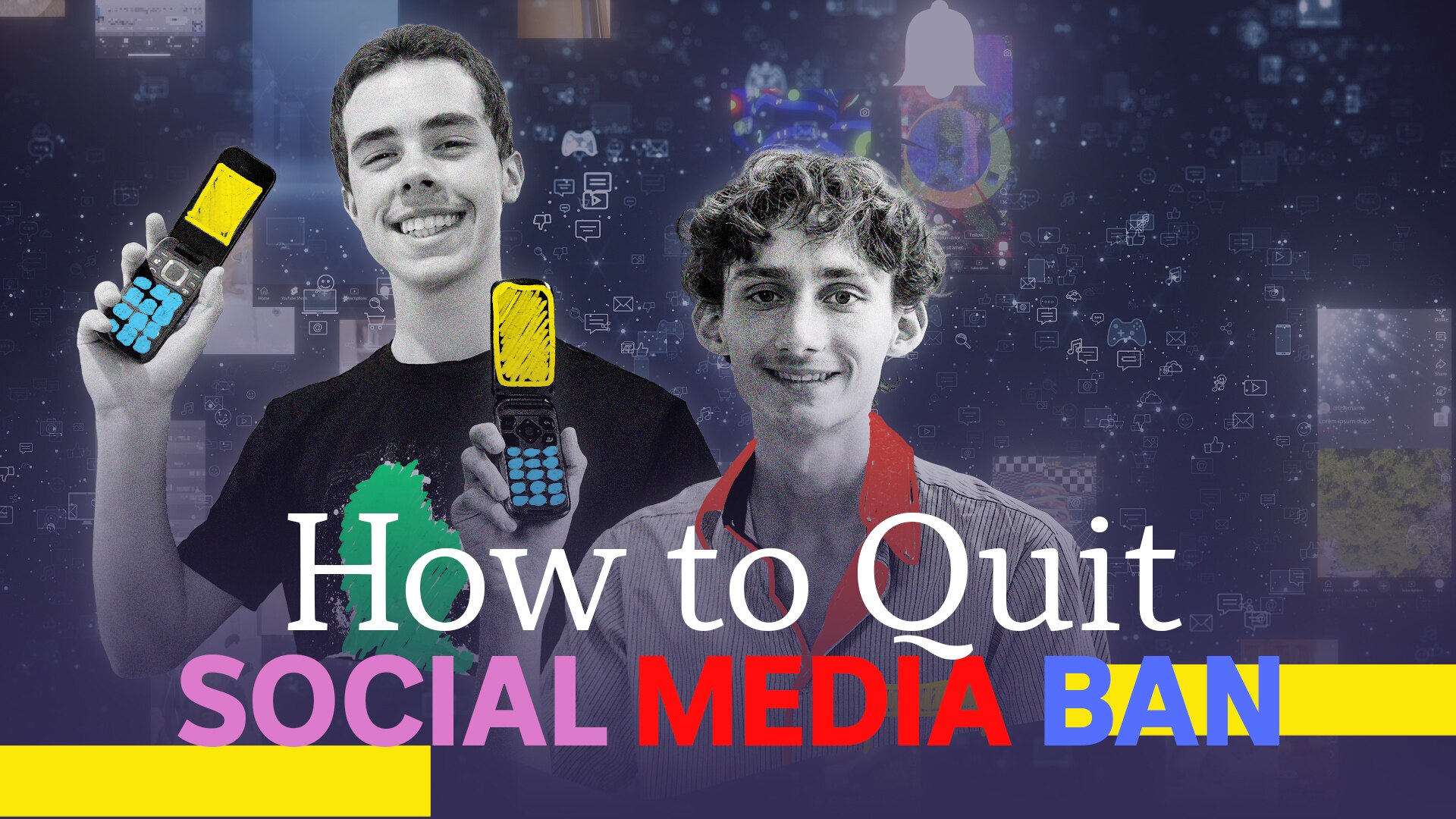 Nick and Patrick smile while holding their flip phones up.