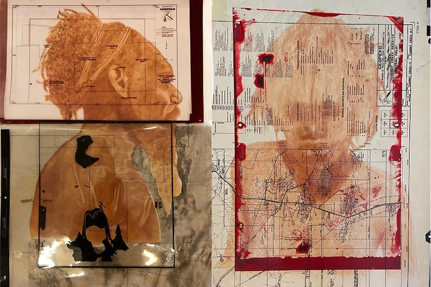 Two portraits layered with maps from local mining projects.
