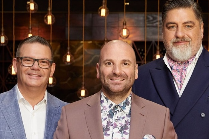 MasterChef judges Gary Mehigan, George Calombaris and Matt Preston wearing suits.