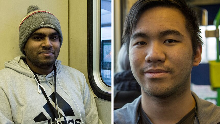 Two photos of young men on a tram.