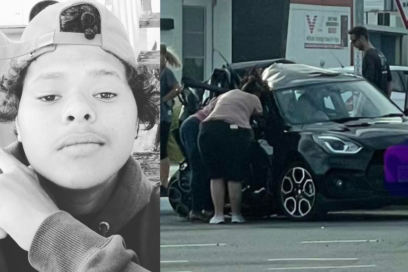 Composite photo of a young man and a car crash.