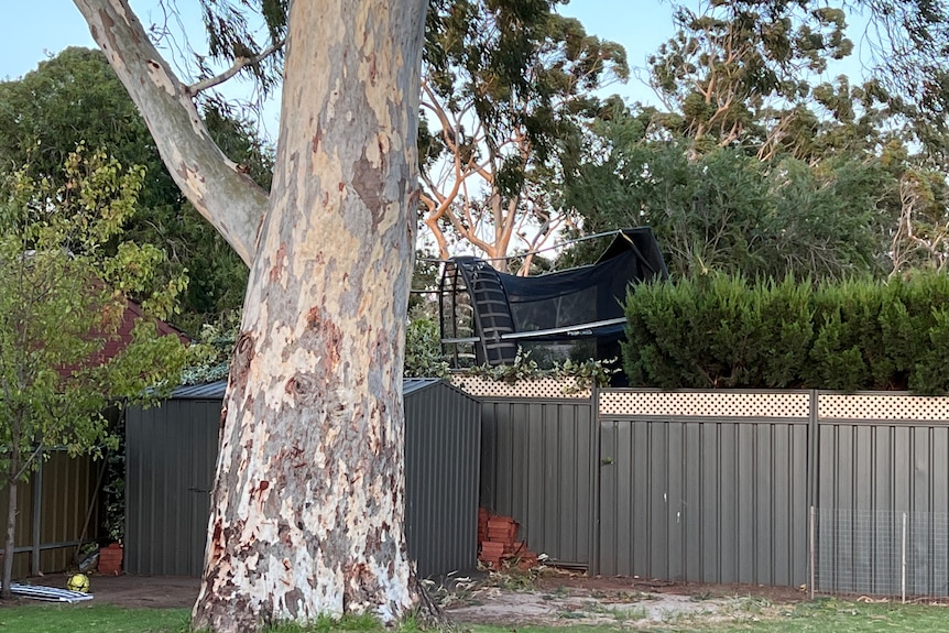 A trampoline crashes into a fence after been blown away in the wind