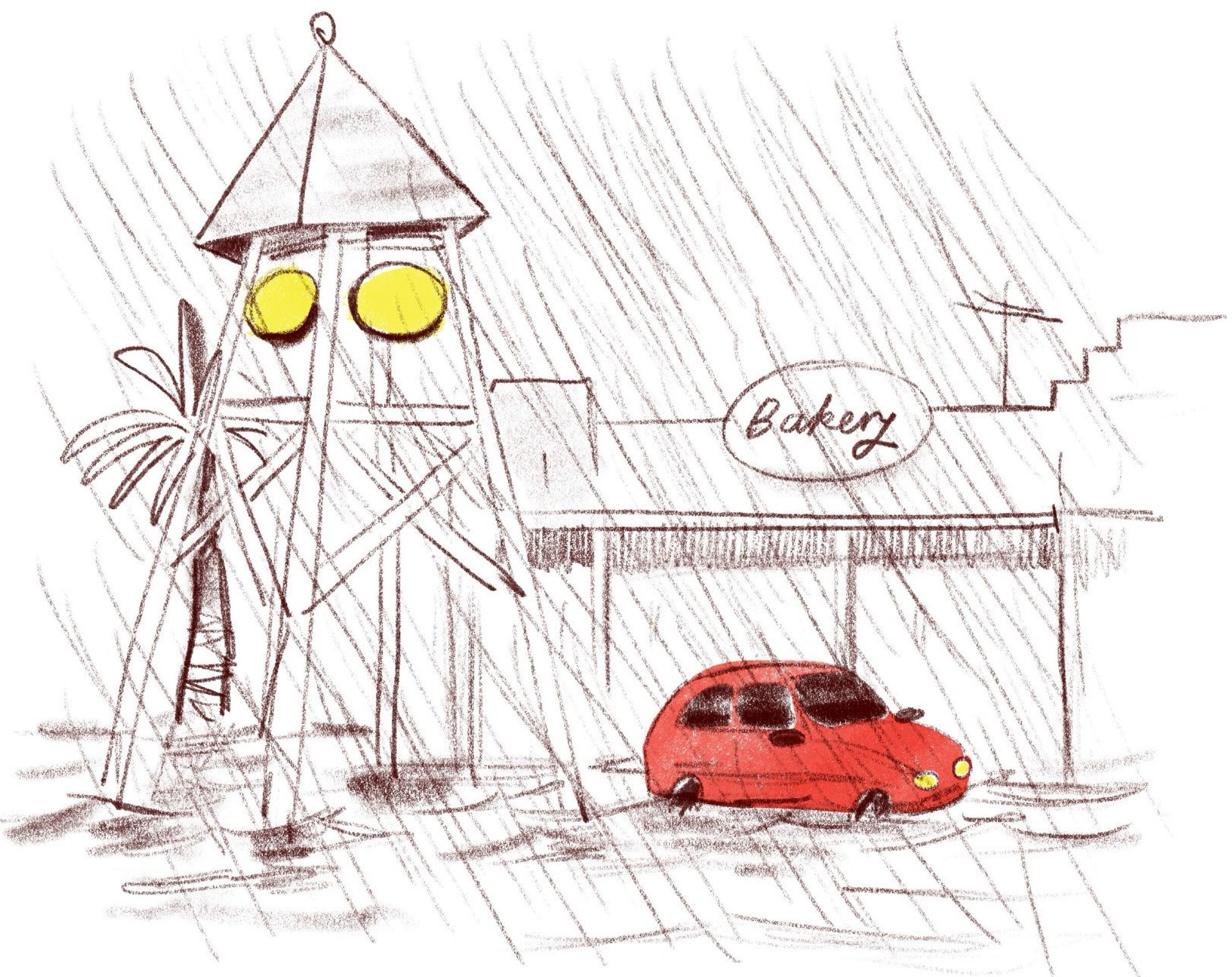 A car is parked in front of a building, as water laps at its tires, in a sketch drawing.