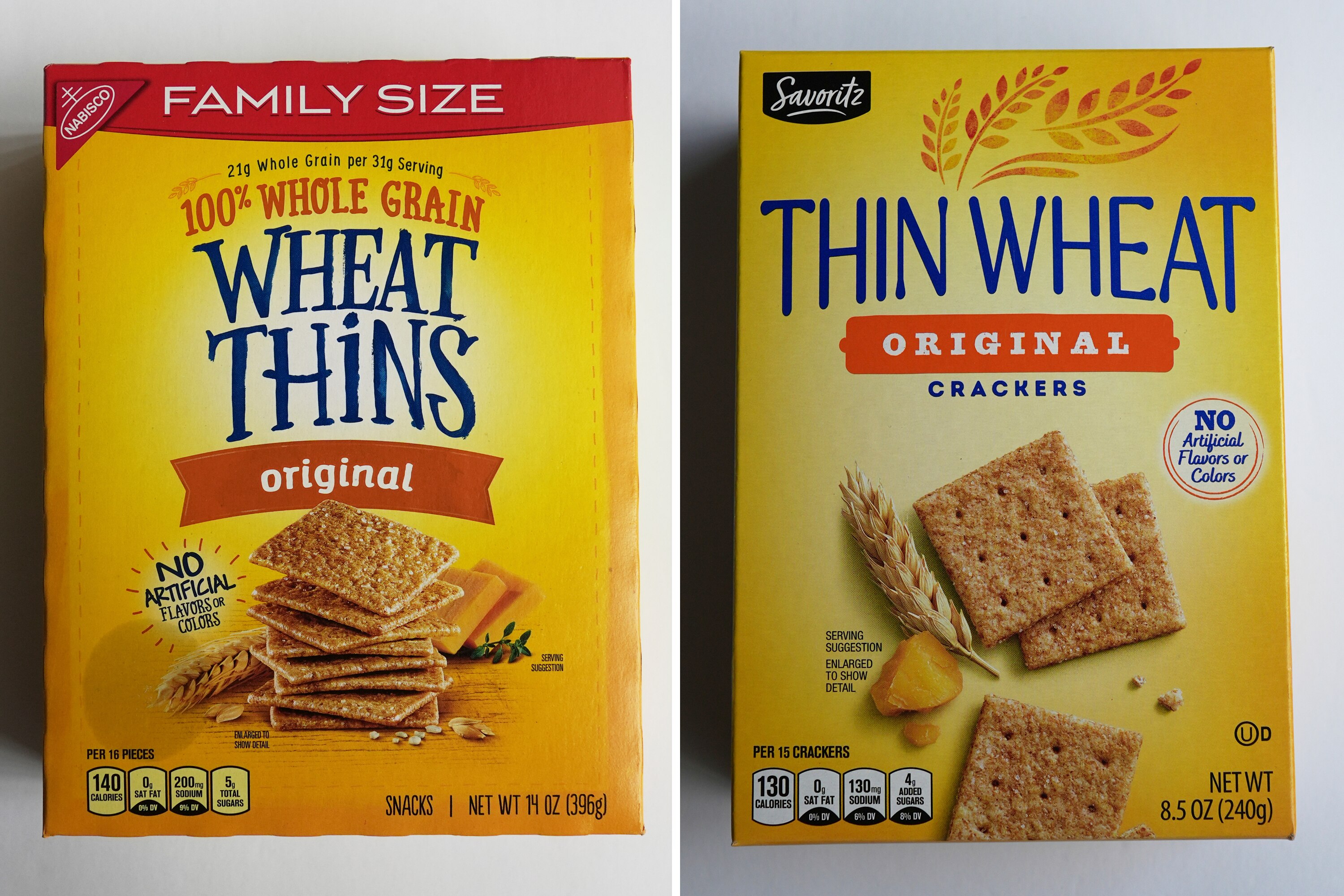 This combo of images shows, Mondelez's Wheat Thins, left, and, Aldi's Thin Wheat