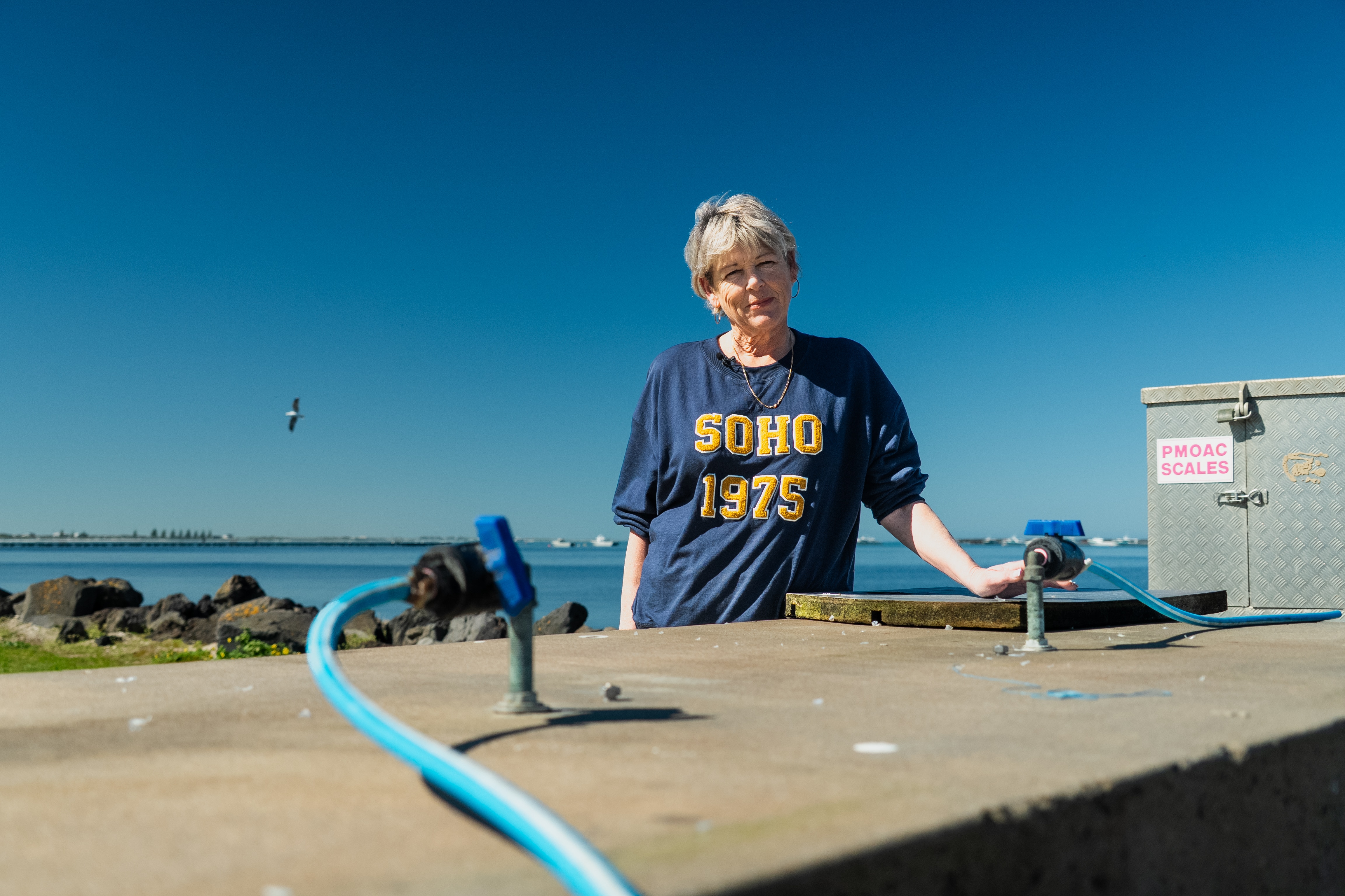A woman stands behind a concrete slab with hoses attached as a bird flies behind her.