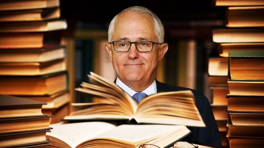 A graphic of Prime Minister Malcolm Turnbull surrounded by books.