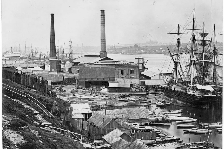 Tall ship masts and smoke stacks line Millers Point in Sydney in 1870.