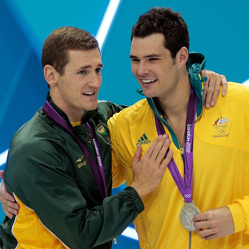 Happy with silver ... Australia's Christian Sprenger (R) with South Africa's Cameron van der Burgh.
