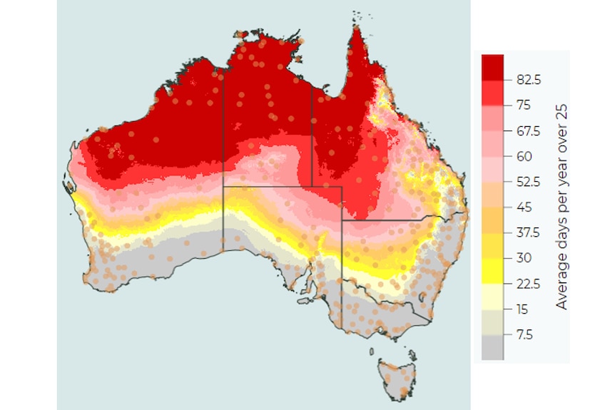 Map of Australia with red in north indicating over 82 days a year fading down to under 7.5 for most southern populated areas
