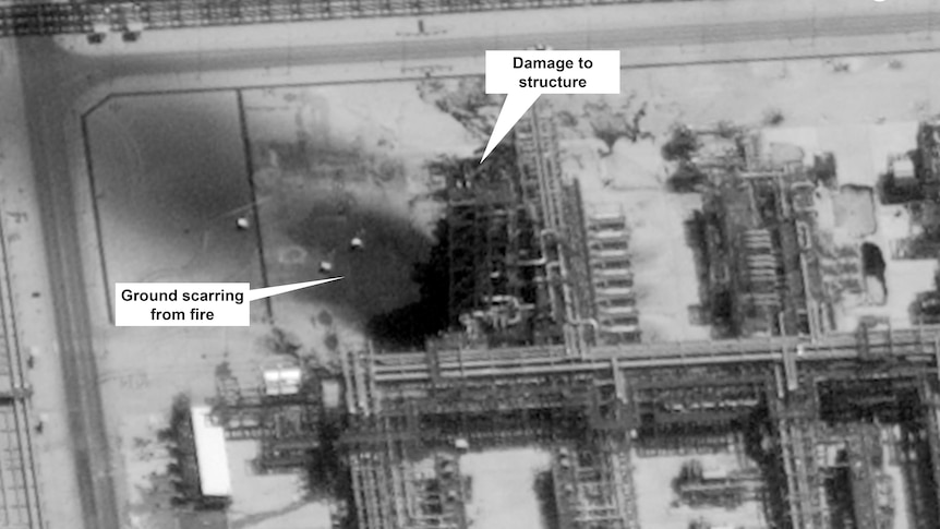 Satellite image shows damage to oil and gas infrastructure.