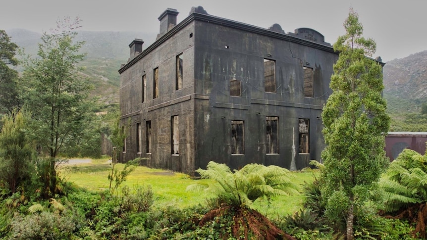 A blackened shell of a colonial-era pub stands alone behind verdant ferns and small trees and shrubs on a cold Tasmanian morning