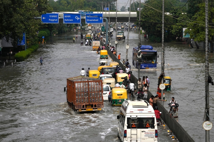Пассажиры едут по улице, залитой водой из разлившейся реки Ямуна.