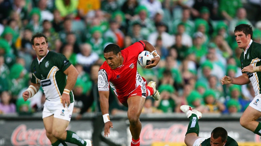 A flying Cooper Vuna is ankle tapped on his way through the Irish defence.