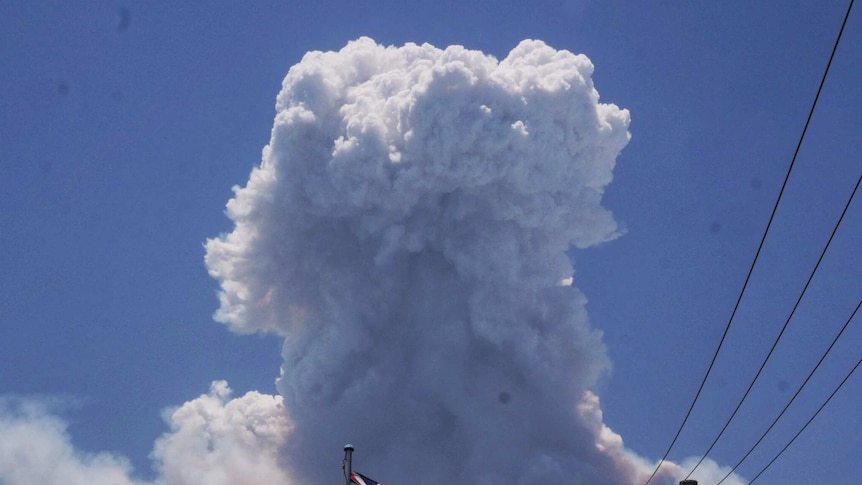 An Australian flag flies high on a flag pole near a powerline with a large plume of dark smoke in the background.